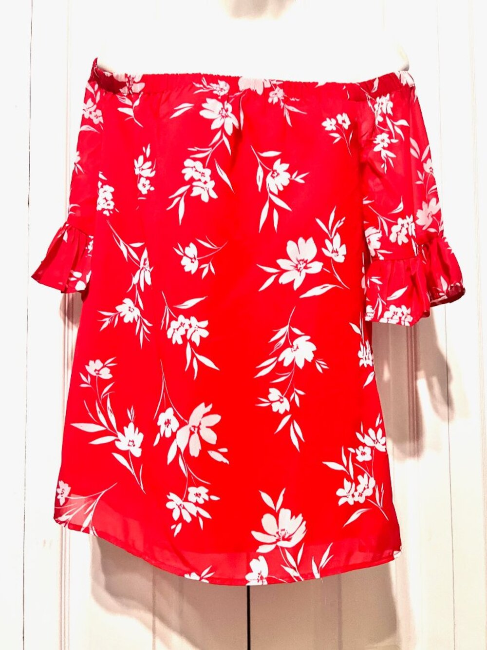 Sosandar-NWT-Women's Red/White Floral Off Shoulder Ruffle Sleeves-Lined-Size 10